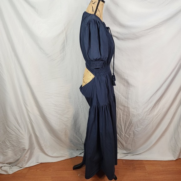 MOON RIVER Size Large Anthropologie Boho Chic Cottagecore Navy Tiered Maxi Dress - Picture 4 of 14